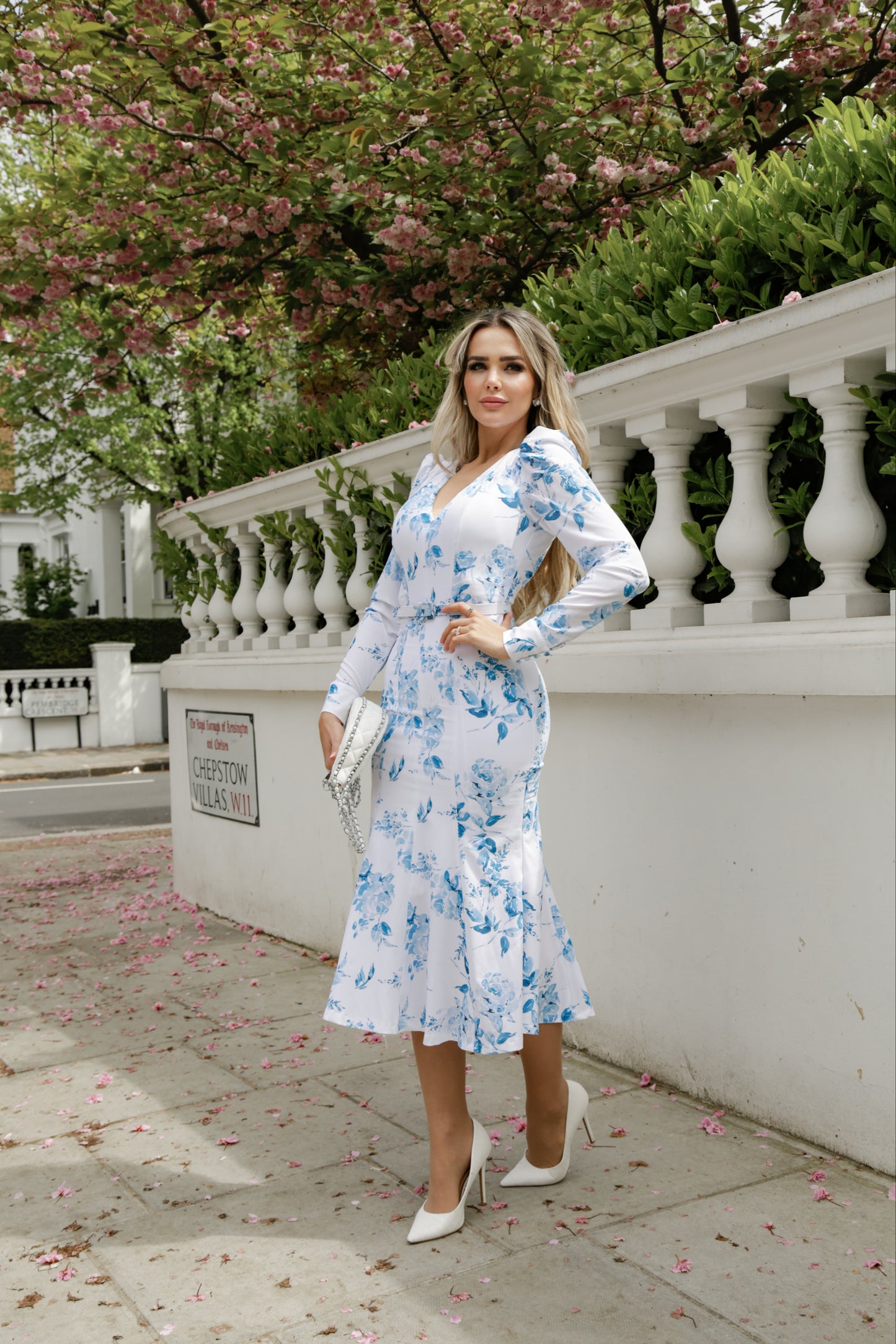 Elizabeth - White w/ Blue Print Midi Dress