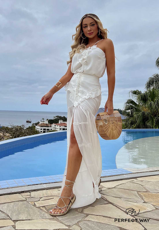 White Flowy  Skirt w/ Front Slit and Top