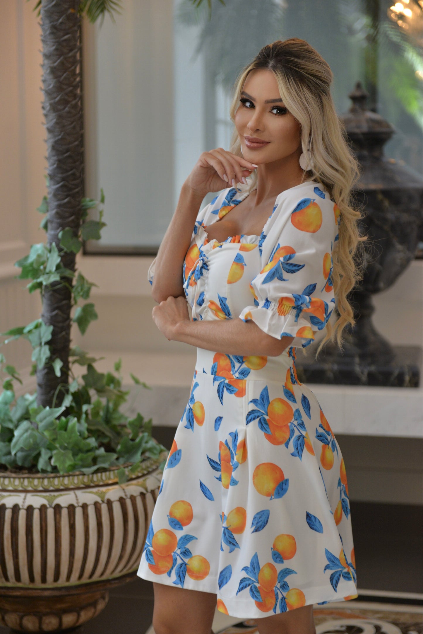 Siciliano - Short White Dress w/ Sicilian limes print