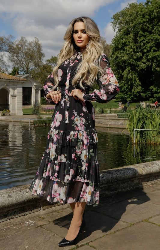 Anastasia - Midi Black Dress w/ Flower Print