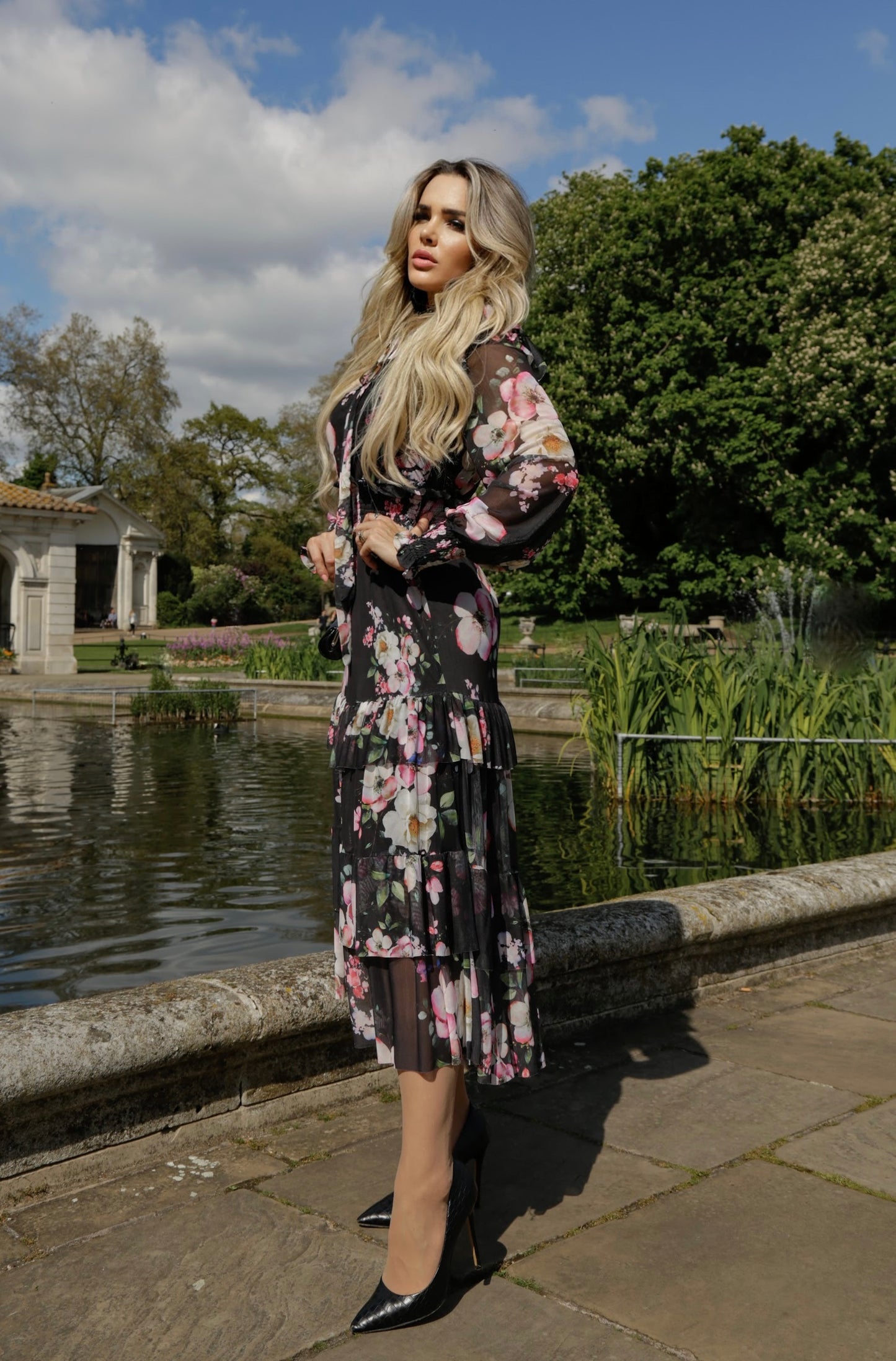 Anastasia - Midi Black Dress w/ Flower Print