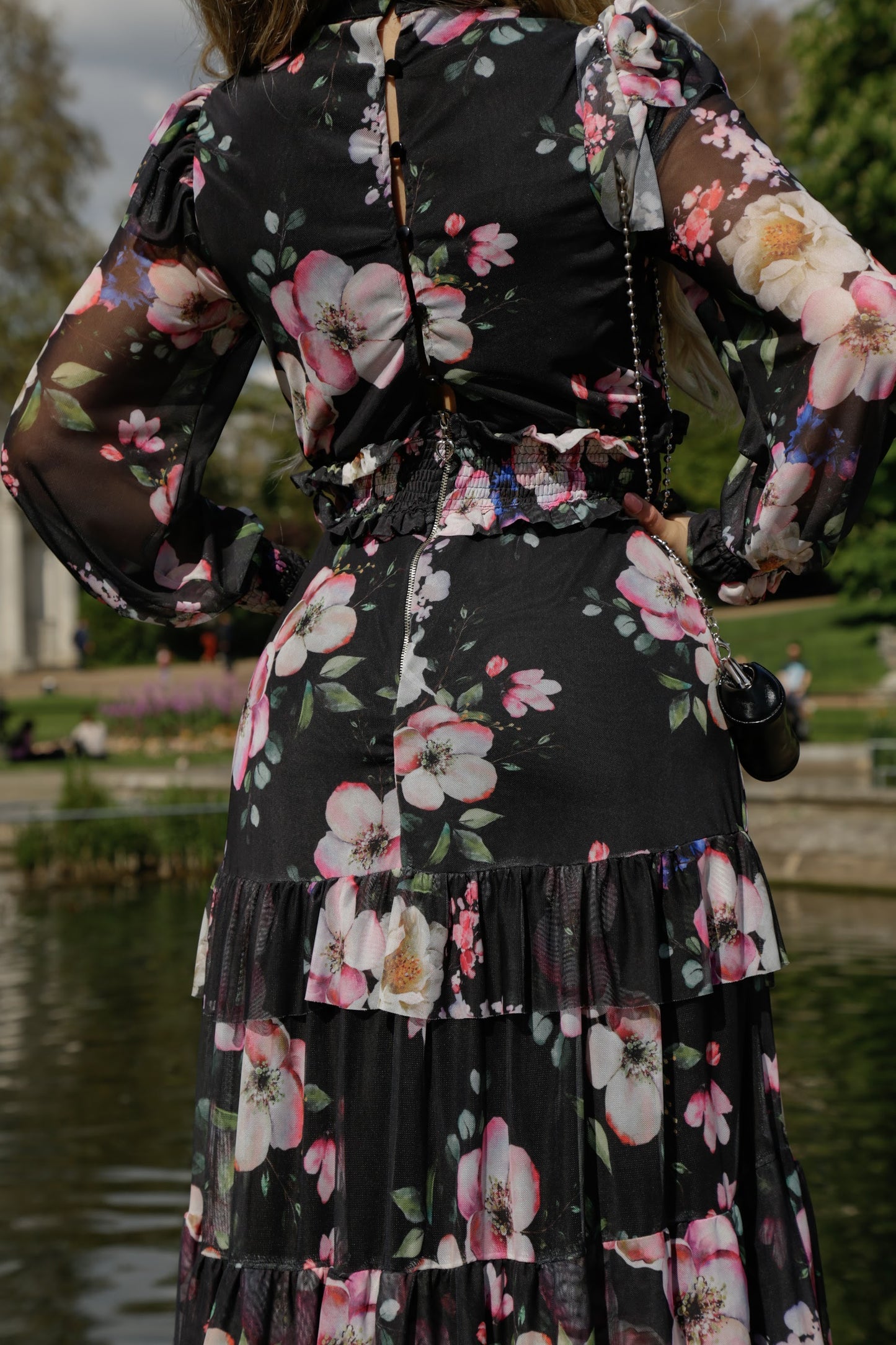 Anastasia - Midi Black Dress w/ Flower Print