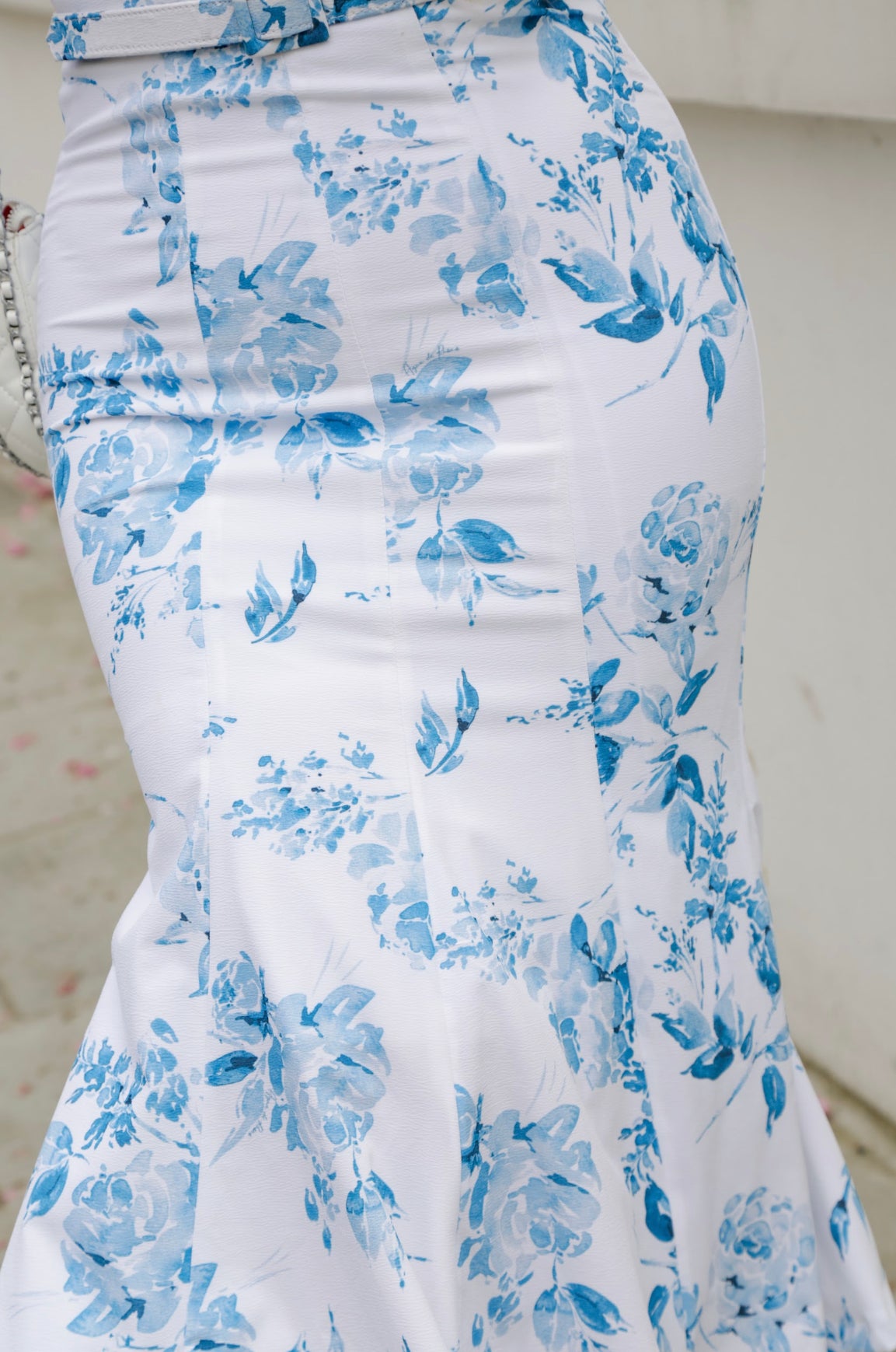 Elizabeth - White w/ Blue Print Midi Dress