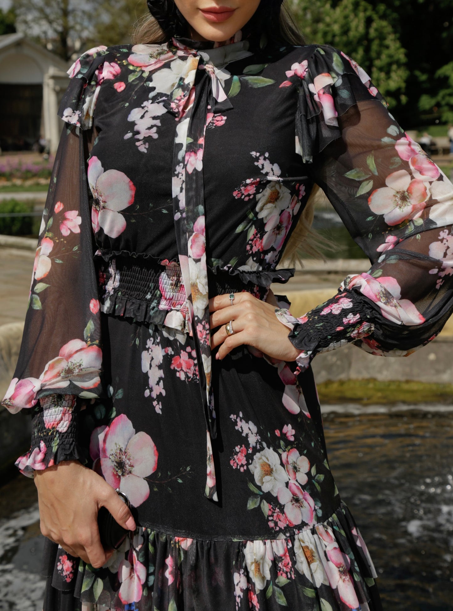 Anastasia - Midi Black Dress w/ Flower Print