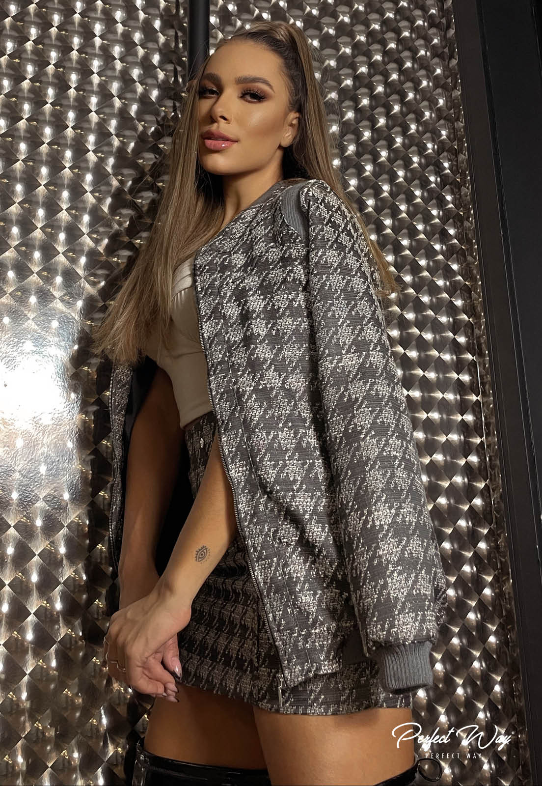 Gray Printed Skirt and Jacket Set