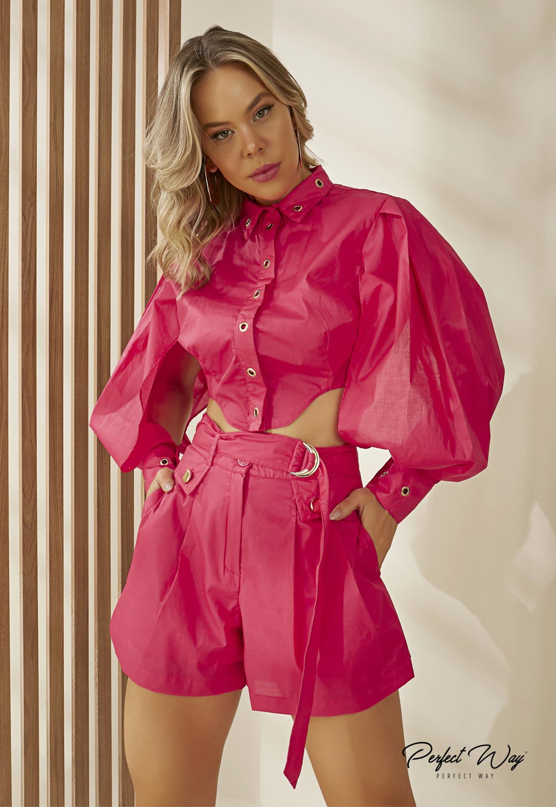 Pink Shorts and Cropped Top Set w/ Balloon Sleeve and Underarm Cutout