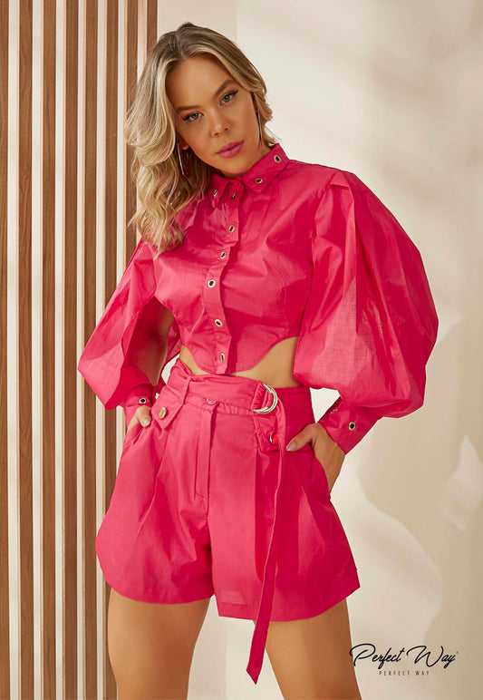 Pink Shorts and Cropped Top Set w/ Balloon Sleeve and Underarm Cutout