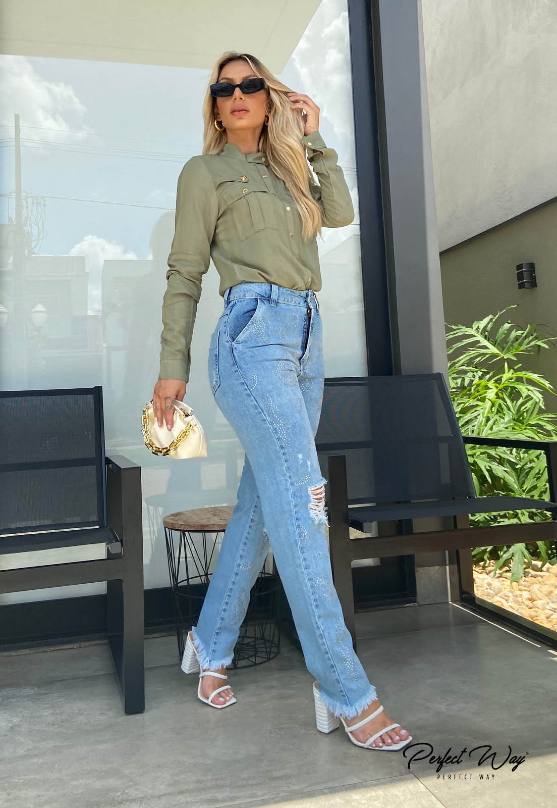 Military Green Button Up w/ Gold Button Detail