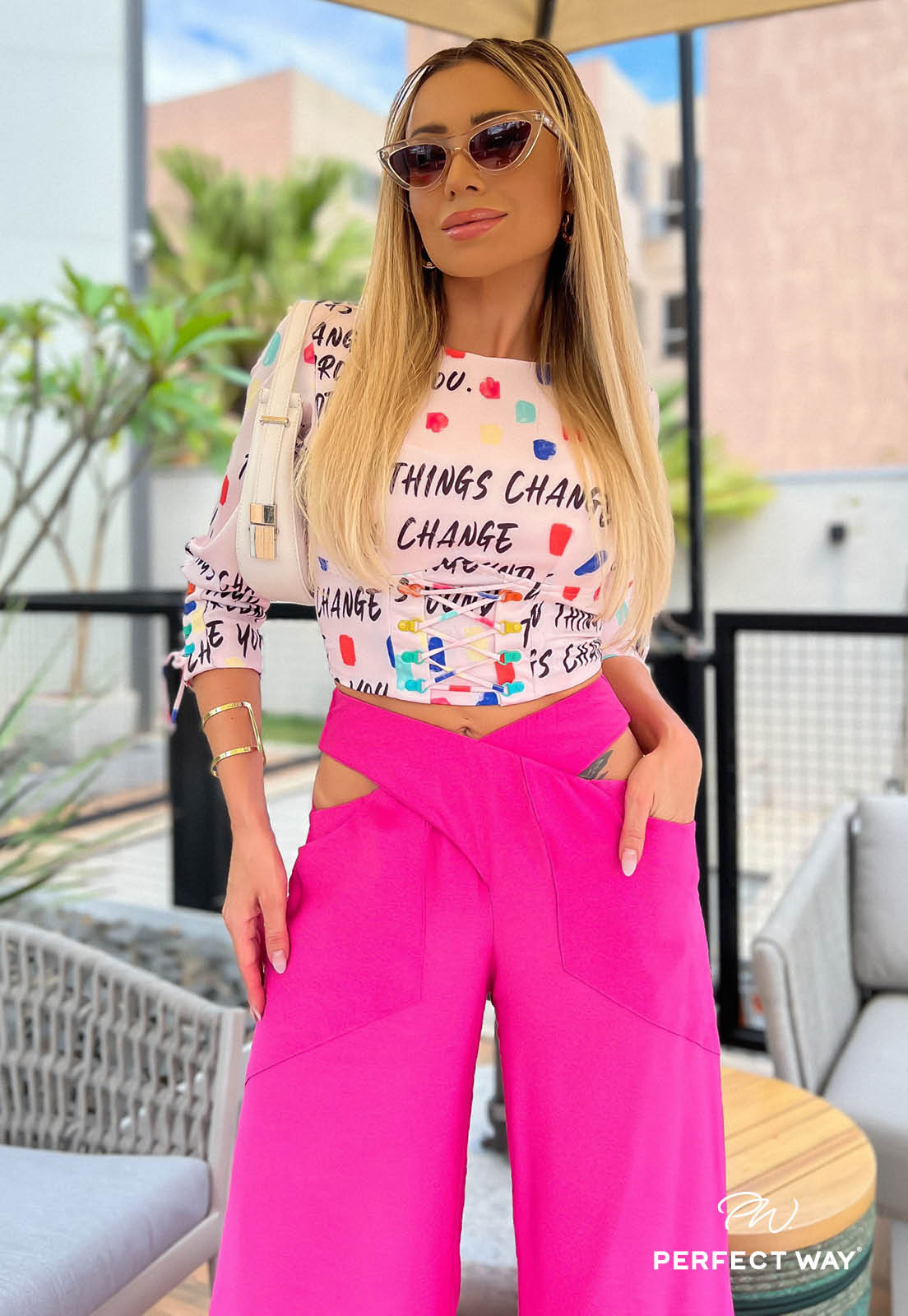 Pink Wide Leg Pants w/ Waist Cutout