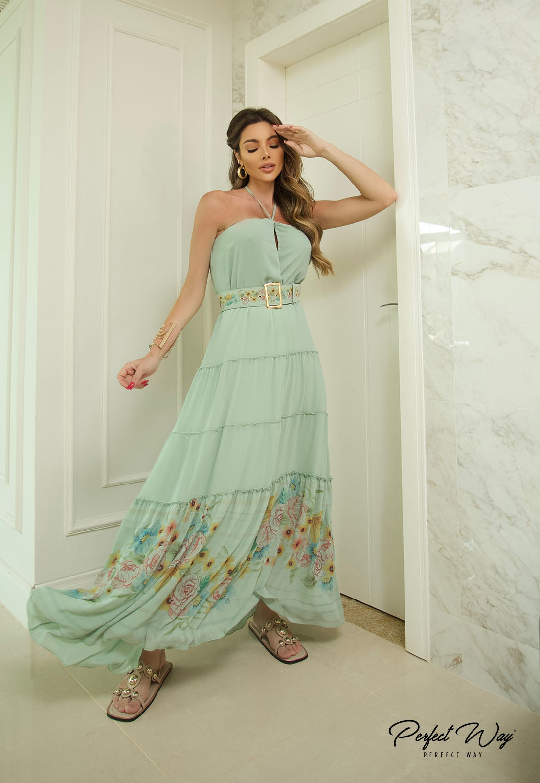 Long Mint Green Dress w/ Flower Print on The Bottom and Belt Perfect Wear Long Mint Green Dress w/ Flower Print on The Bottom and Belt Perfect Wear
