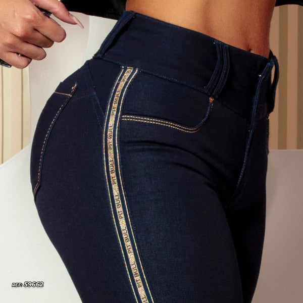 Dark Skinny High Rise Jeans w/ Logo Stripe
