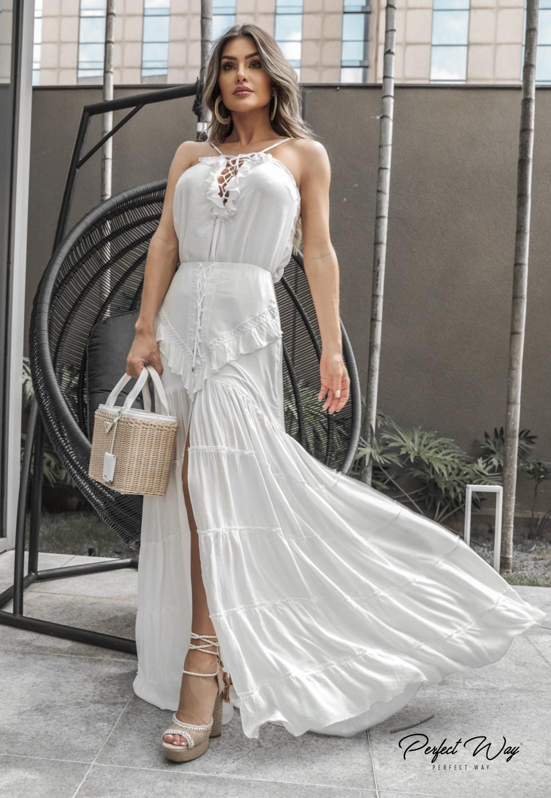 White Flowy Skirt w/ Front Slit and Top