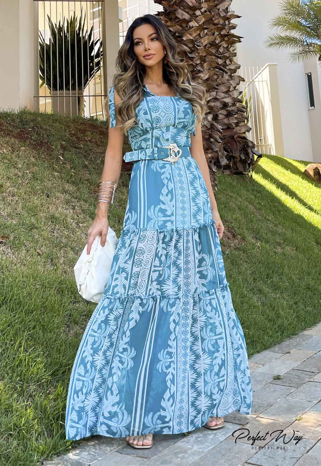 Long Green Printed Dress w/ Belt