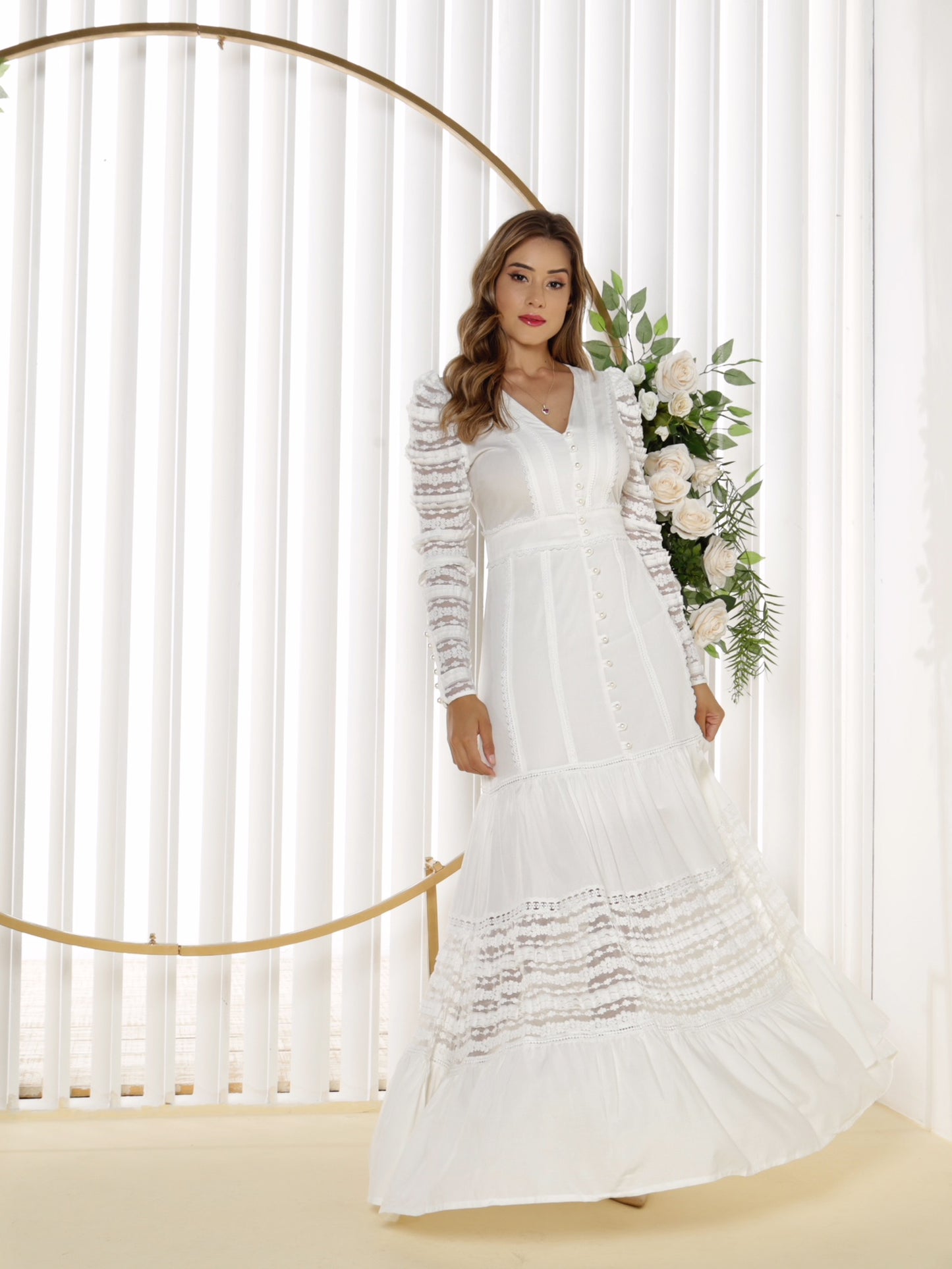 Long White Dress w/ Long Lace Sleeves