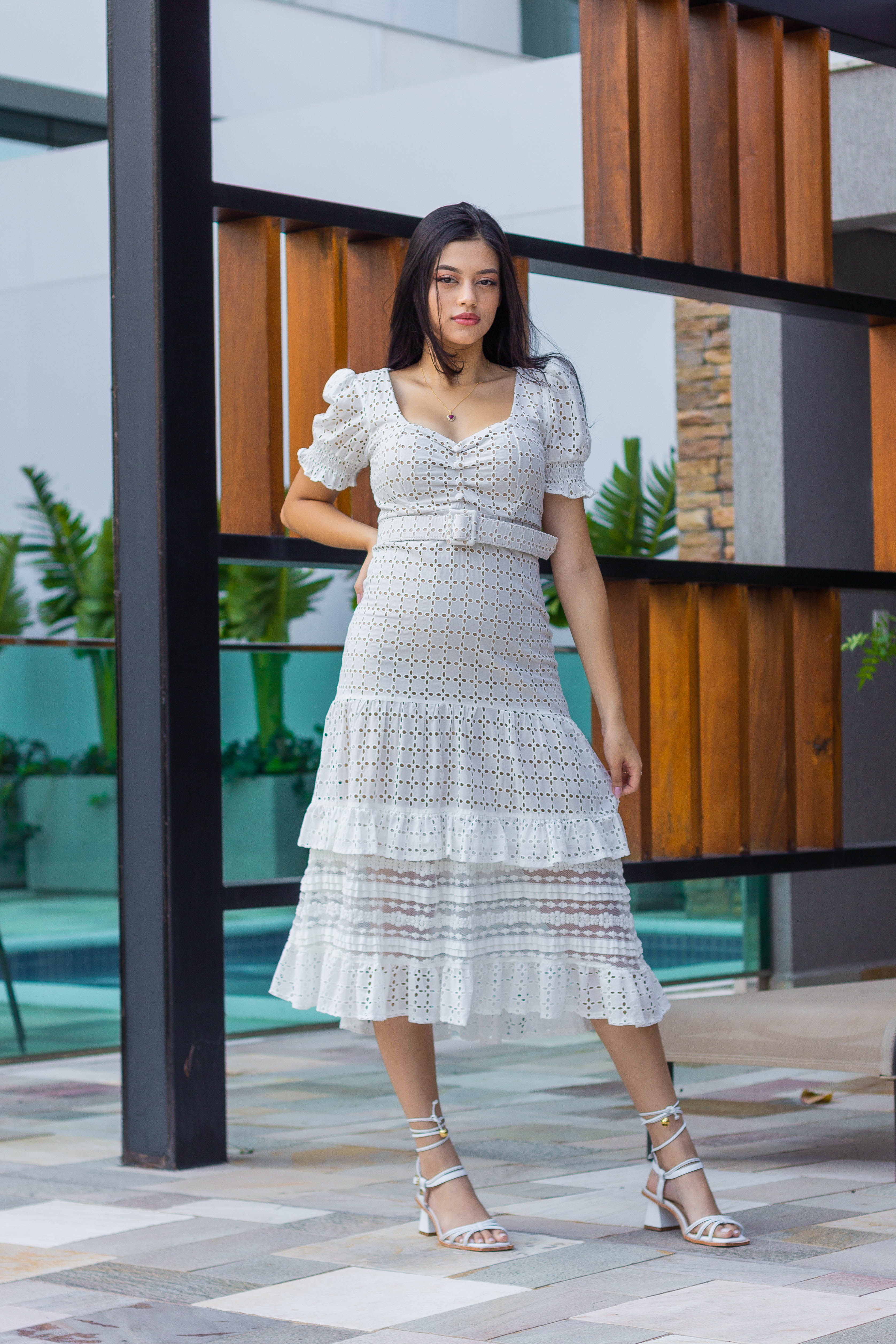 white empire waist midi dress Women's Empire-Waist Midi Dress in 100% Linen - Size L
