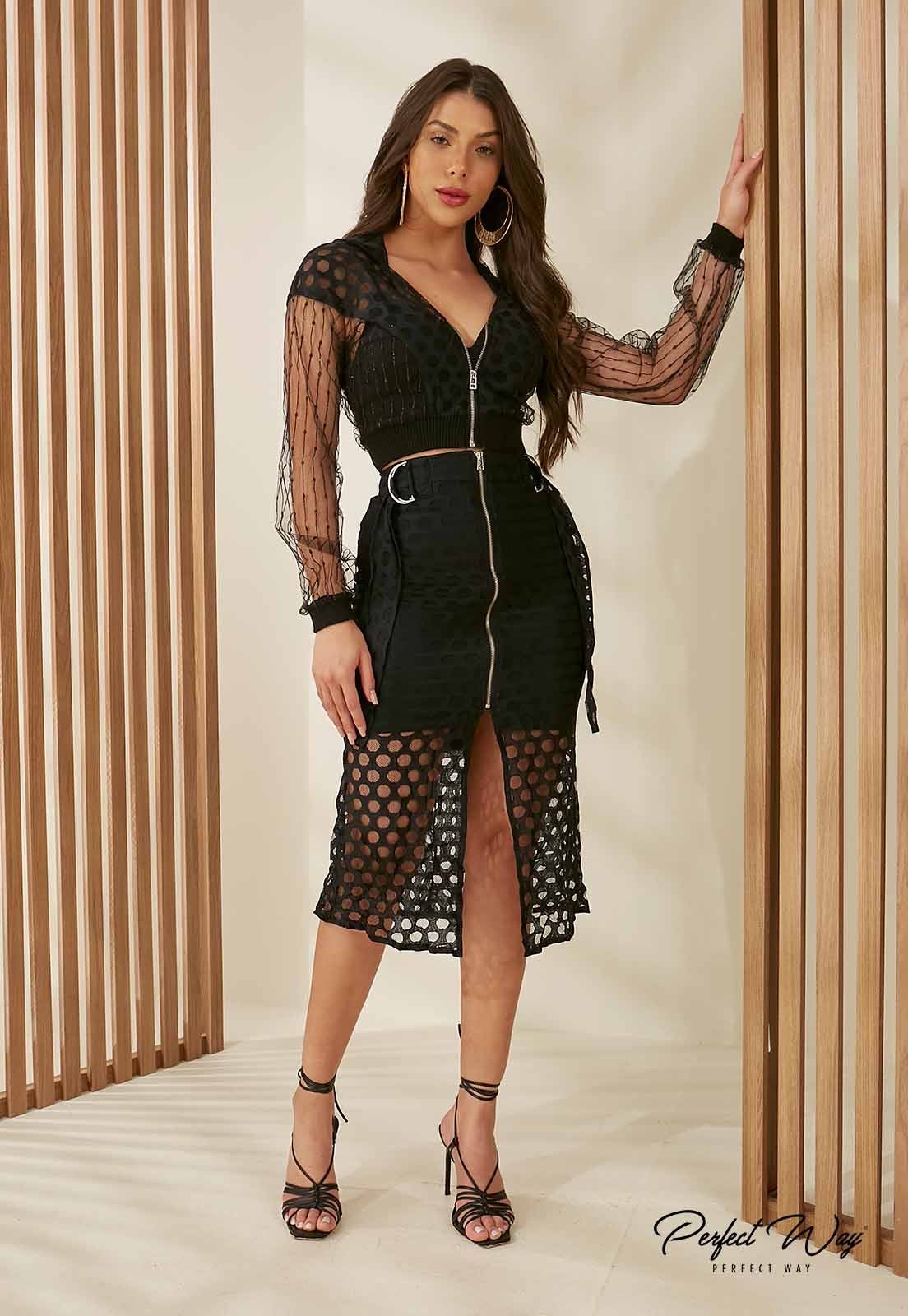 Black Lace Set, Skirt w/ Front Zipper Detail