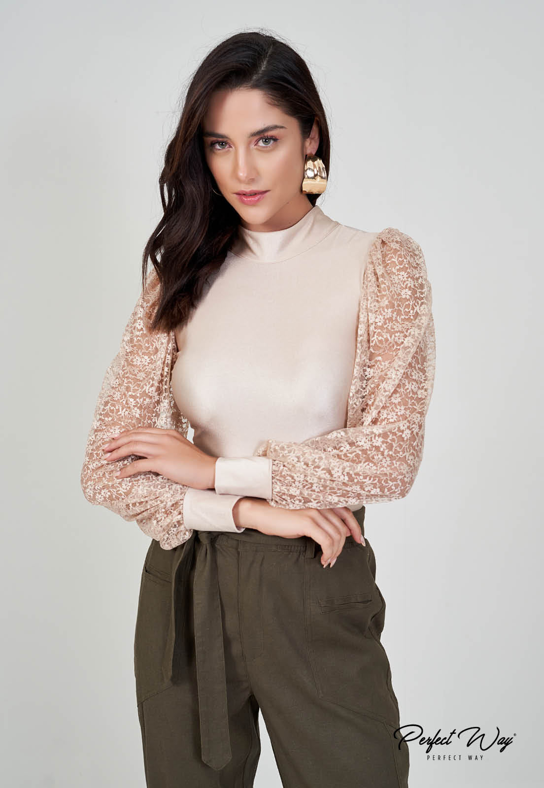 Beige Bodysuit w/ Lace Long Sleeve