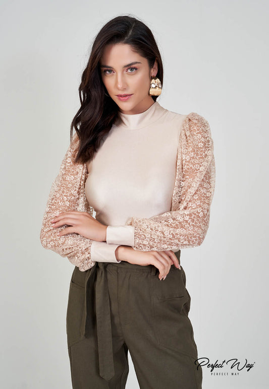 Beige Bodysuit w/ Lace Long Sleeve