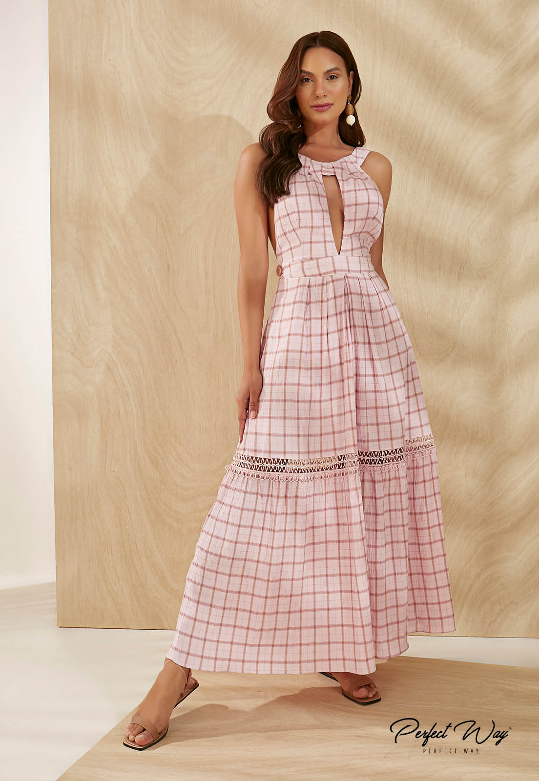 Long Pink Dress w/ Plunging Neckline and Back Cutouts