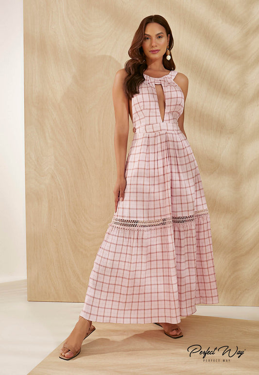 Long Pink Dress w/ Plunging Neckline and Back Cutouts