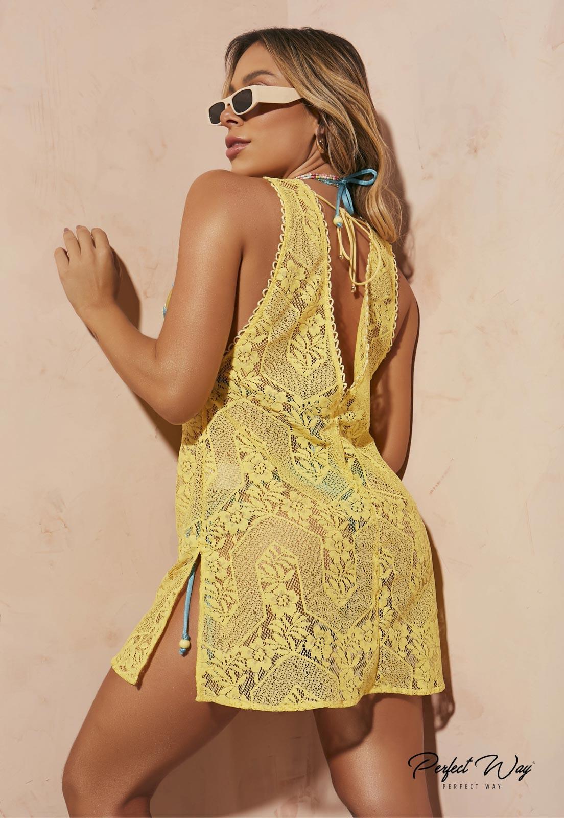 Yellow Lace Bikini Short Coverup