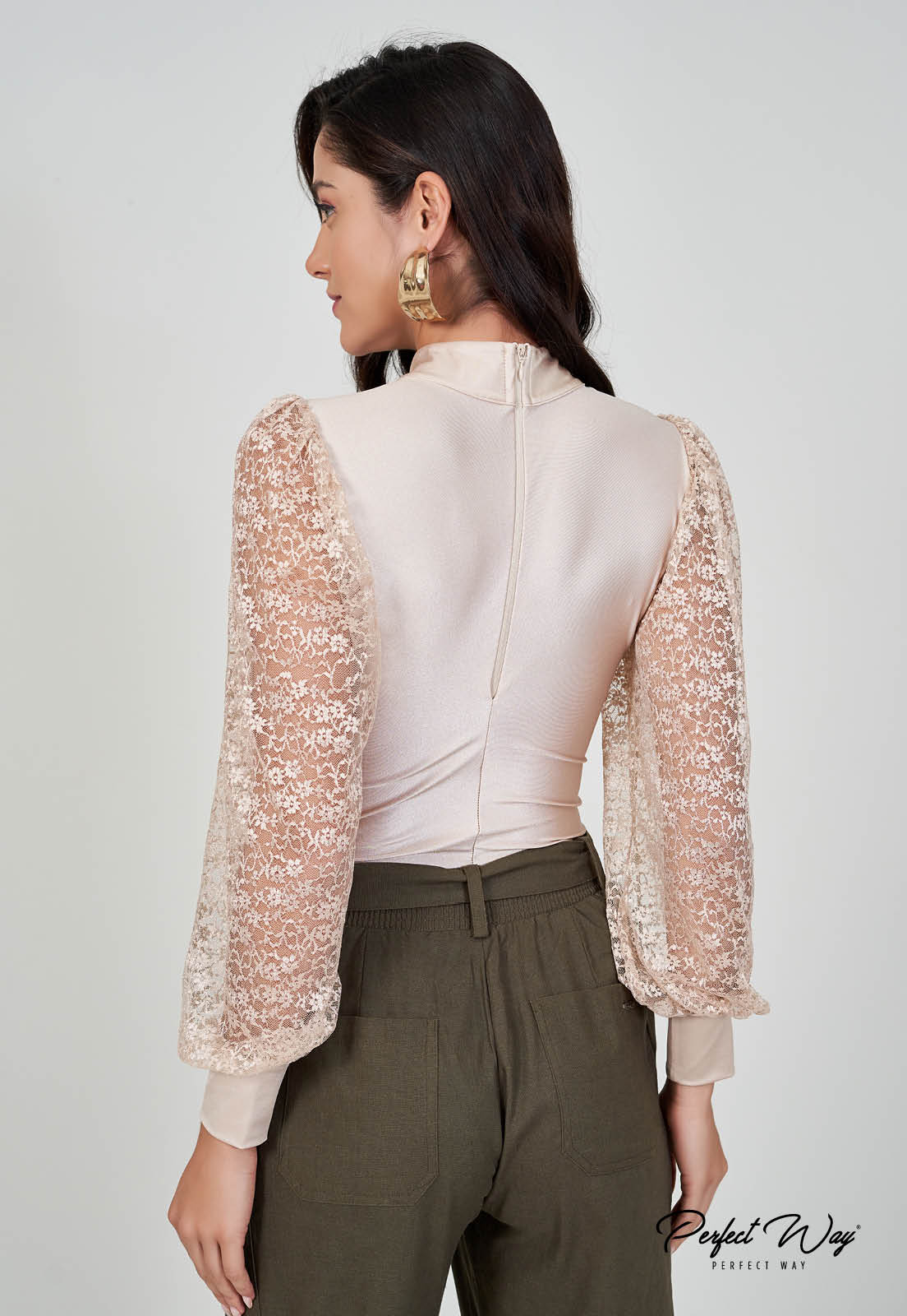 Beige Bodysuit w/ Lace Long Sleeve