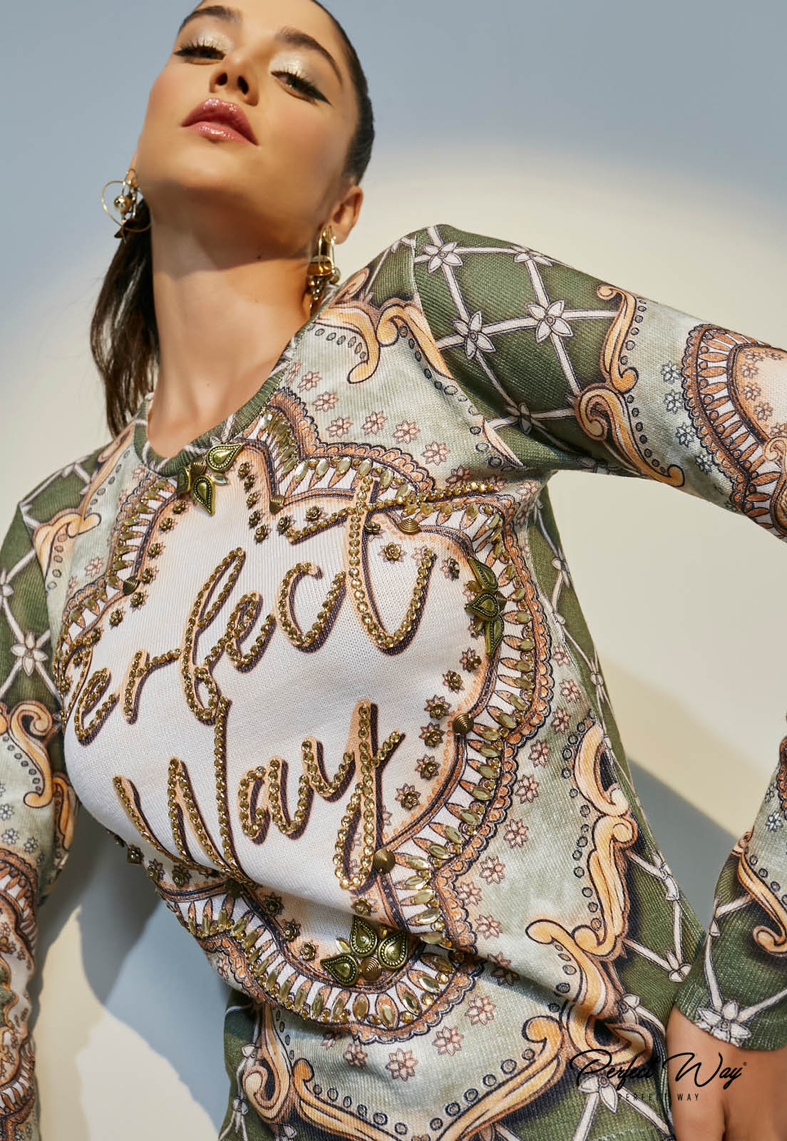 Green Sweater w/ Baroque Print