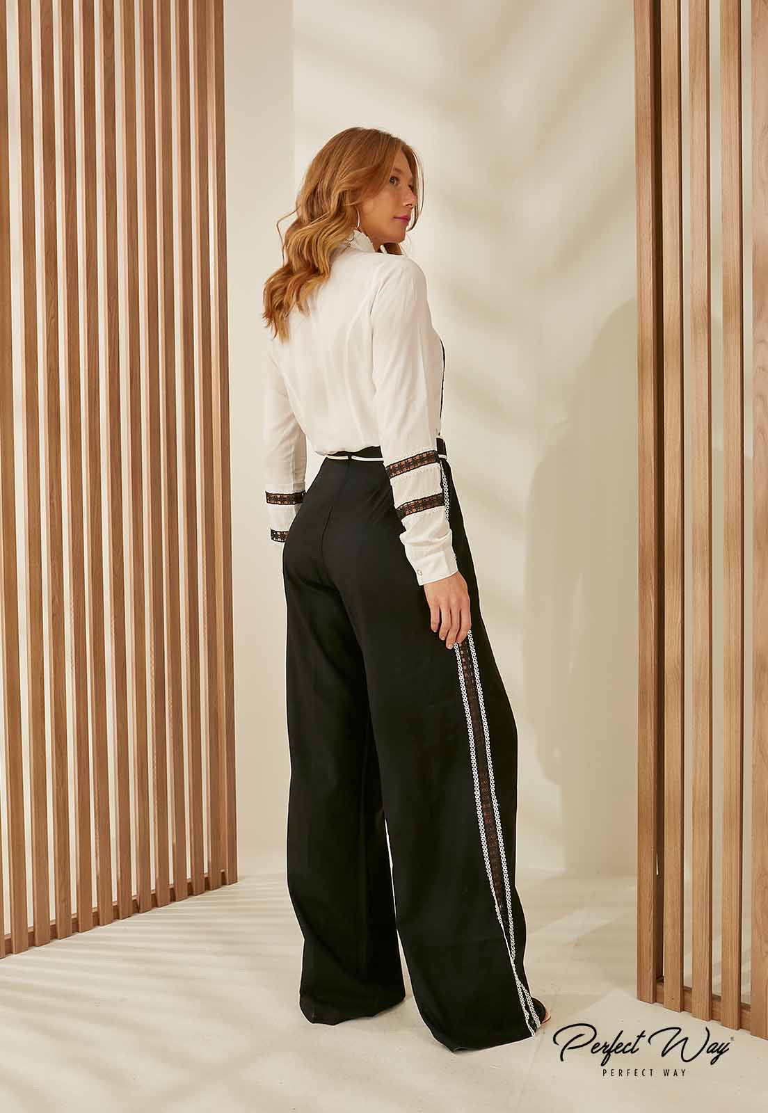 Black Pants and White Button up Set with Pearl Details
