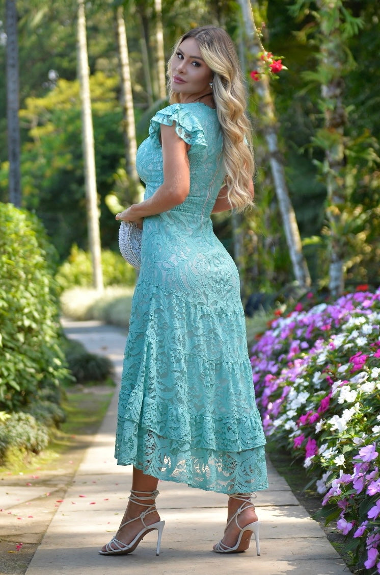 Malva - Midi Aqua Green Lace Dress