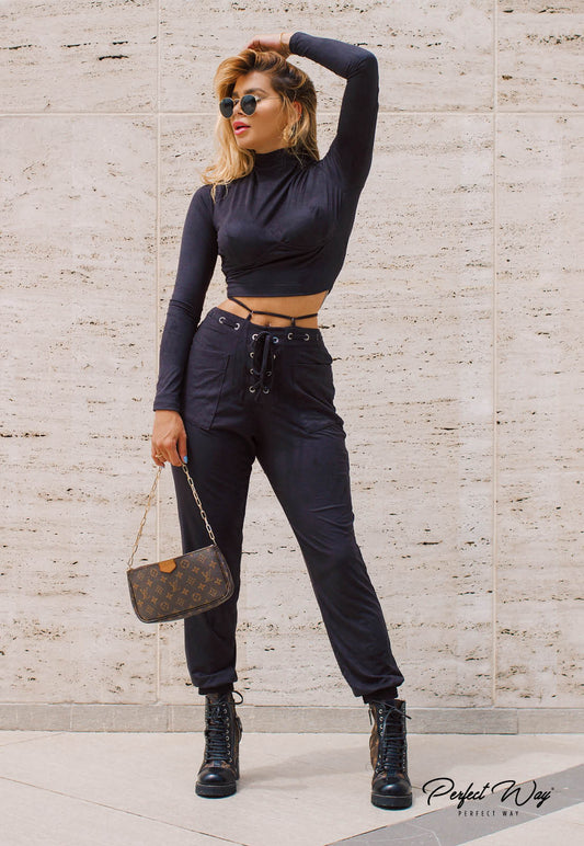 Black Cropped Long Sleeve High Neck Top and Pants Set