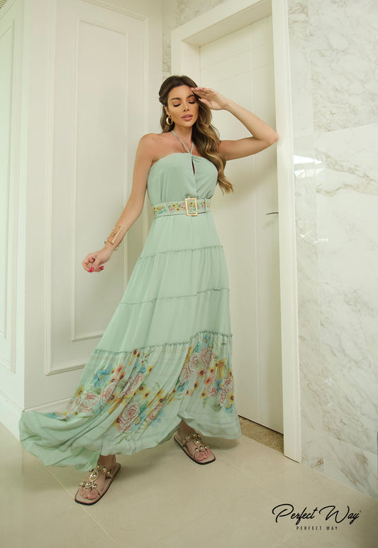 Long Mint Green Dress w/ Flower Print on The Bottom and Belt