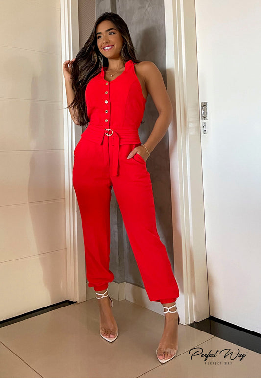 Red Jumpsuit w/ Fixed Waist Band