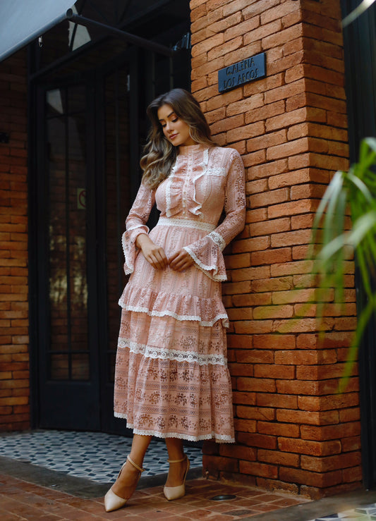 Rose - Midi Lace Rose Dress w/ Pearl Button