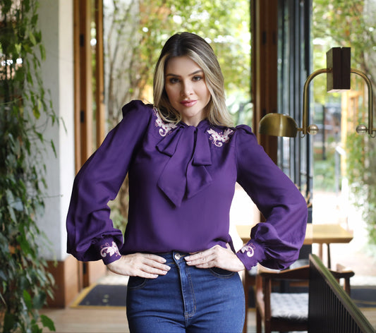 Purple Blouse w/ Pink and White Embroidery