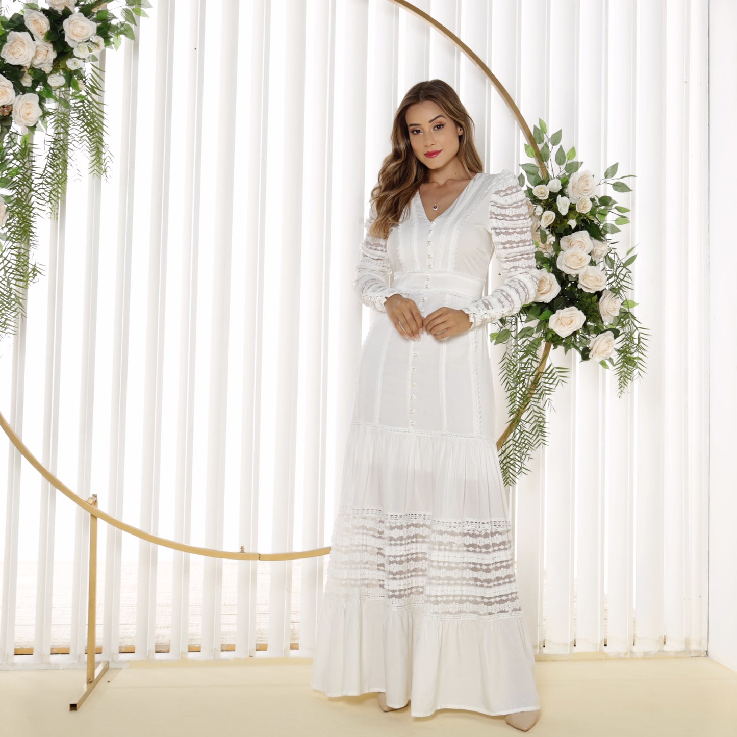 Long White Dress w/ Long Lace Sleeves